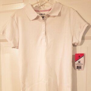 GIRLS IZOD POLO SHIRT - WHITE w/ SHORT SLEEVES - APPROVED SCHOOLWEAR - M (10/12
